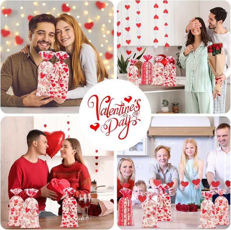 Litmitfu 100 Pcs Valentine Treat Bags - Red Heart Cellophane Goodie Bags, Clear Plastic Happy Valentine's Day Cello Candy Gift Bag With Twist Ties for Wedding Anniversary Party Favors Supplies - Image 2